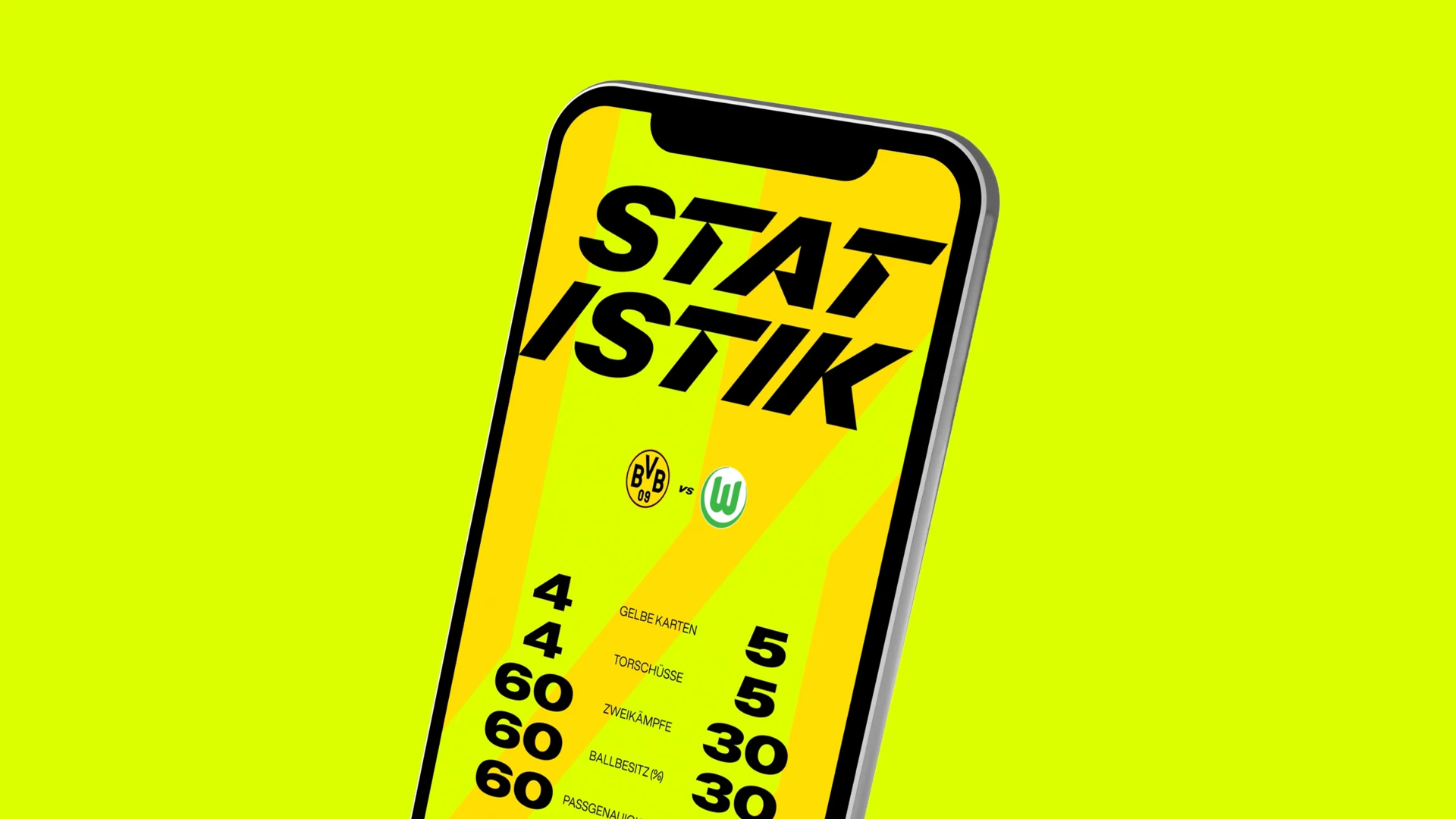 BVB mobile Smartphone Handy Mockup mit Spiel Statistik Design mit neon gelb