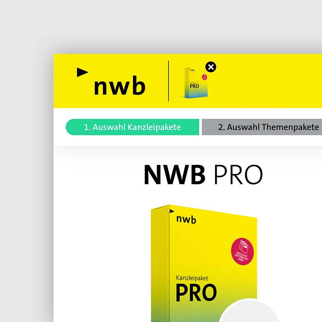nwb nautilus Praxiswissen im Tiefgang Landingpage für Steuerprofis, digitale Produktlinie selbst konfigurieren, Fokus auf Auswahl Kanzleipakete