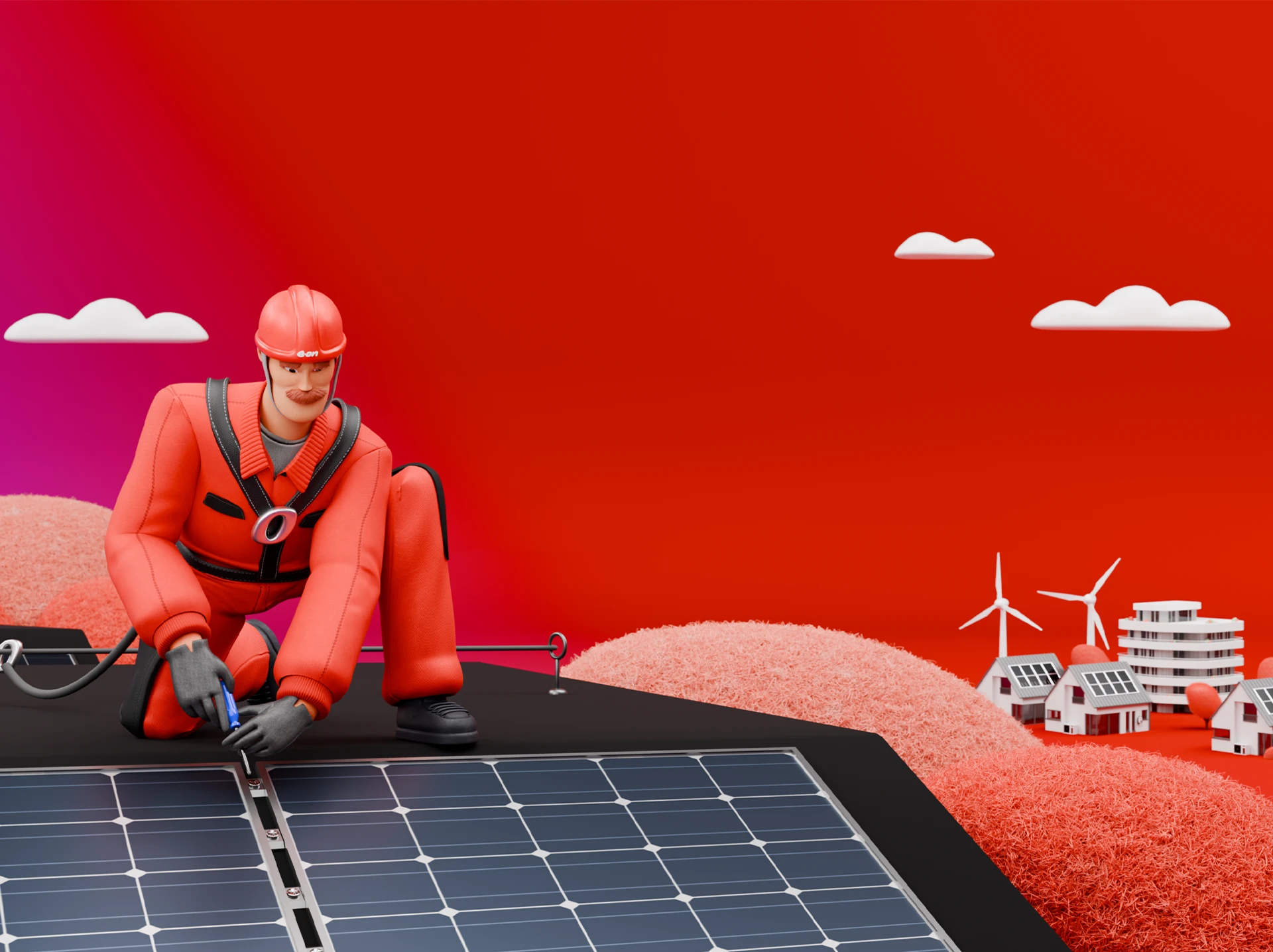 E.ON Character: Ingenieur mit PV-Anlage auf dem Dach, rot