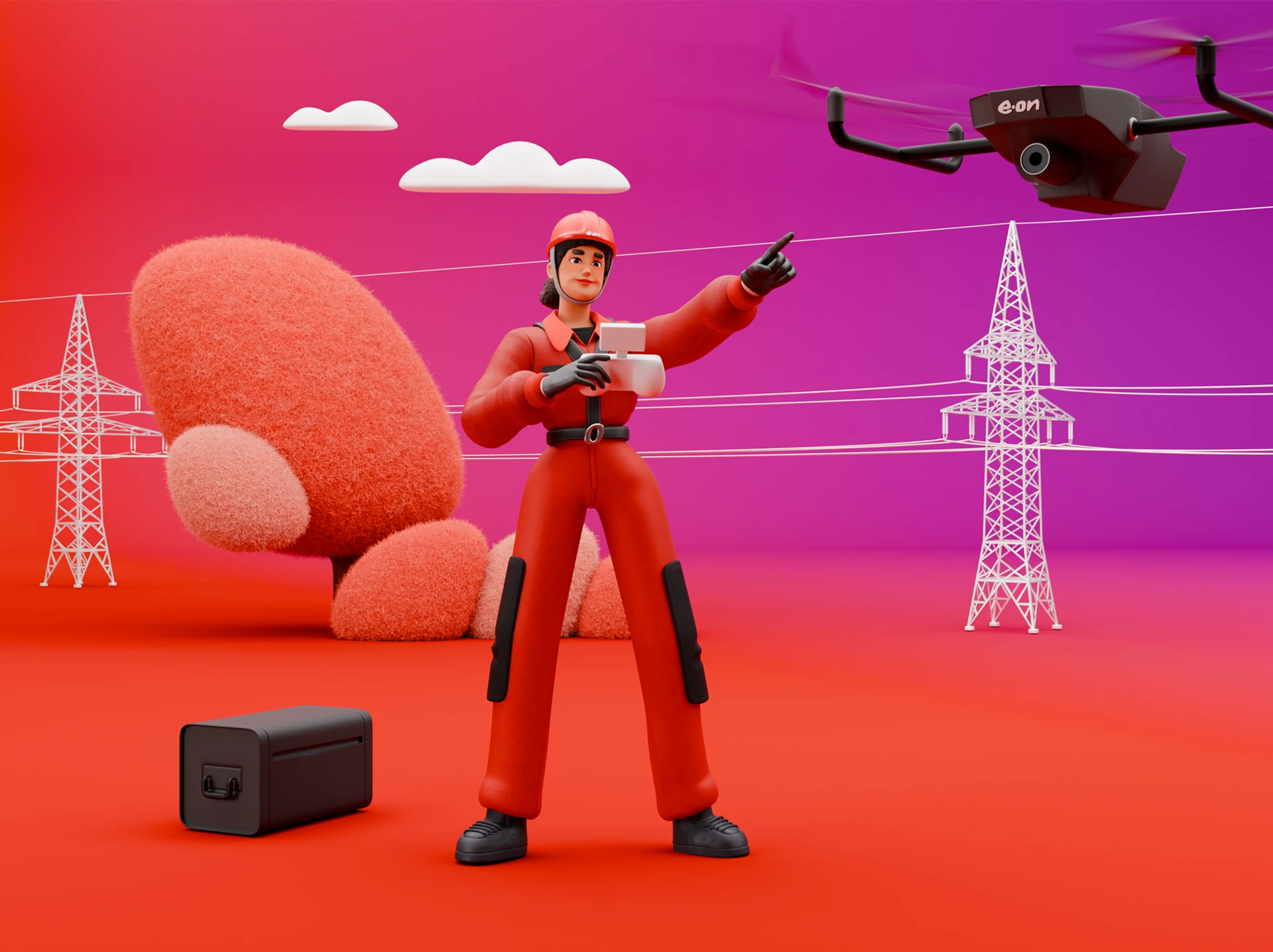 E.ON Character: Ingenieurin mit Drohne, rot