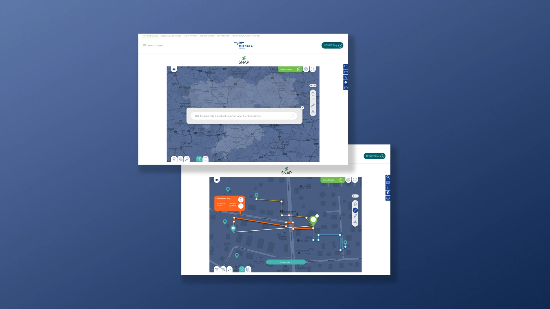 Mitnetz Screenshot vom SNAP-Tool zur Vorbereitung und Planung von Netzanschluss-Projekten