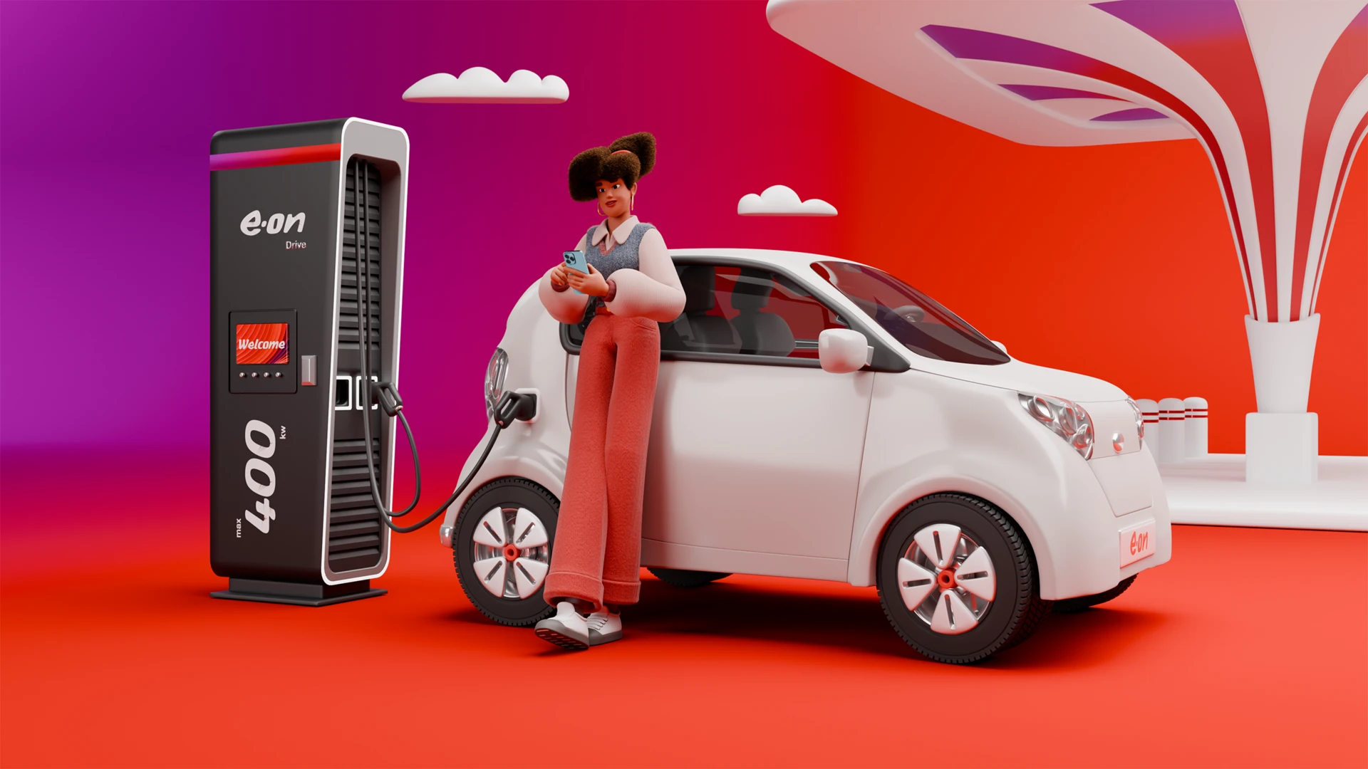 E.ON Character: Frau an E-Ladestation mit Elektroauto, rot