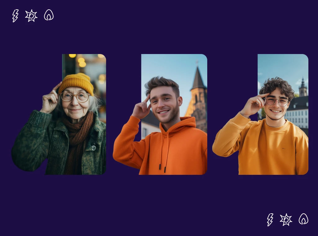 rhenag Kampagne rhenag-energie.de Drei Bildmotive zu "mit Köpfchen" von drei verschiedenen KI-generierten Personen mit gleicher Geste nebeneinander, ältere Dame und zwei junge Männer halten ihren linken Zeigefinger an ihre Schläfe 