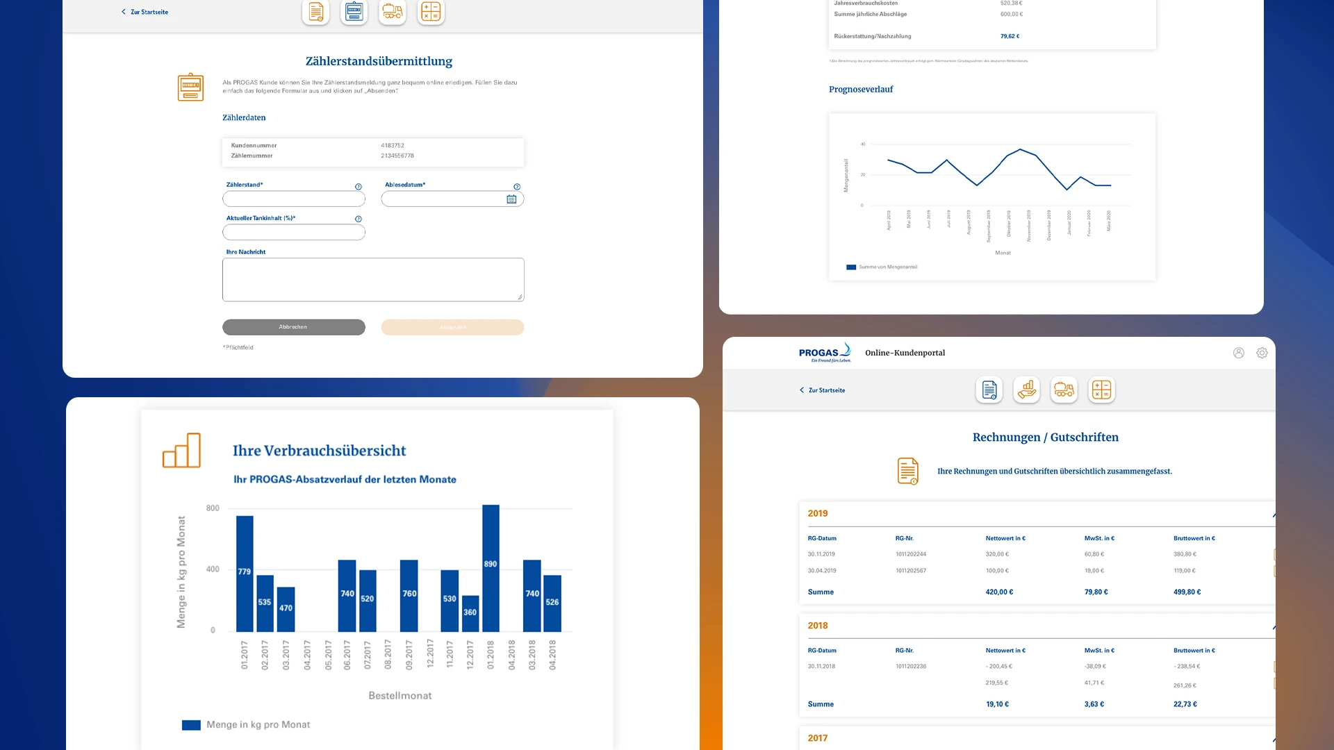 PROGAS Kundenportals: integrierte Funktionen, Vertragsverwaltung, Rechnungsübersicht, Verbrauchsprognosen, Zählerstandsmeldung und Online-Bestellung.